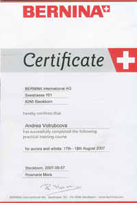 Certifikát o způsobilosti k zaučení na strojích Bernina Certifikát o způsobilosti k zaučení na strojích Bernina